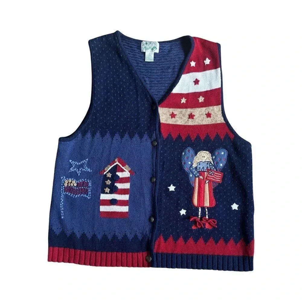 Quacker Factory Patriotic Americana Knit Sweater‎ Vest Womens Large Blue Red
